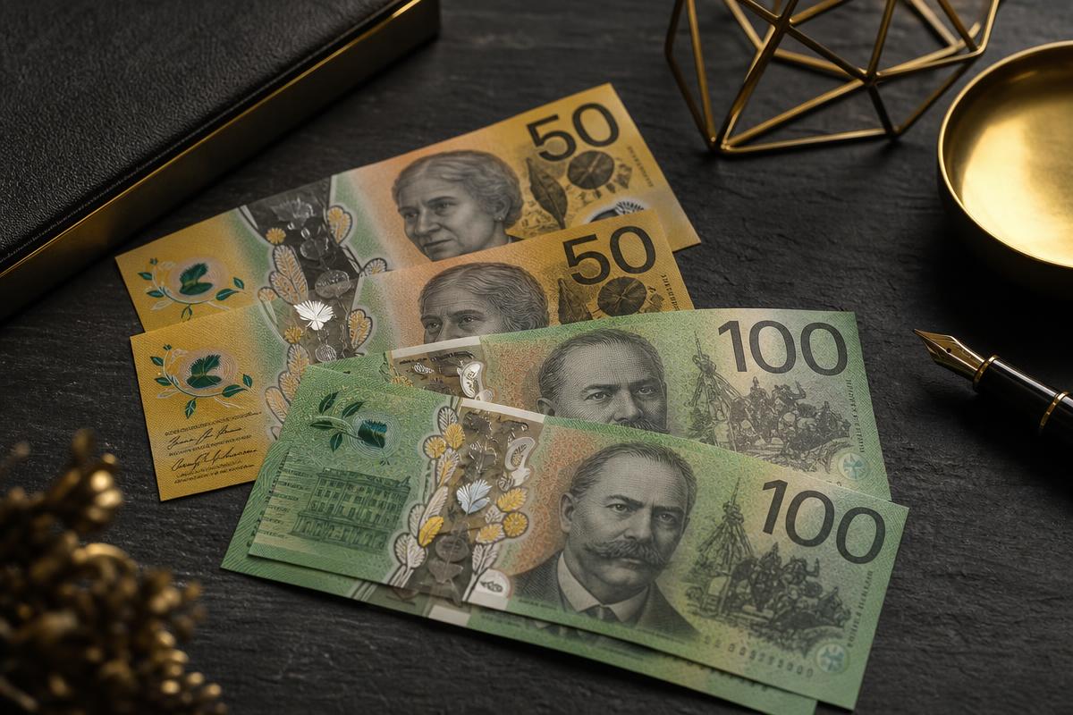 Australian dollar banknotes arranged in a classy financial still-life